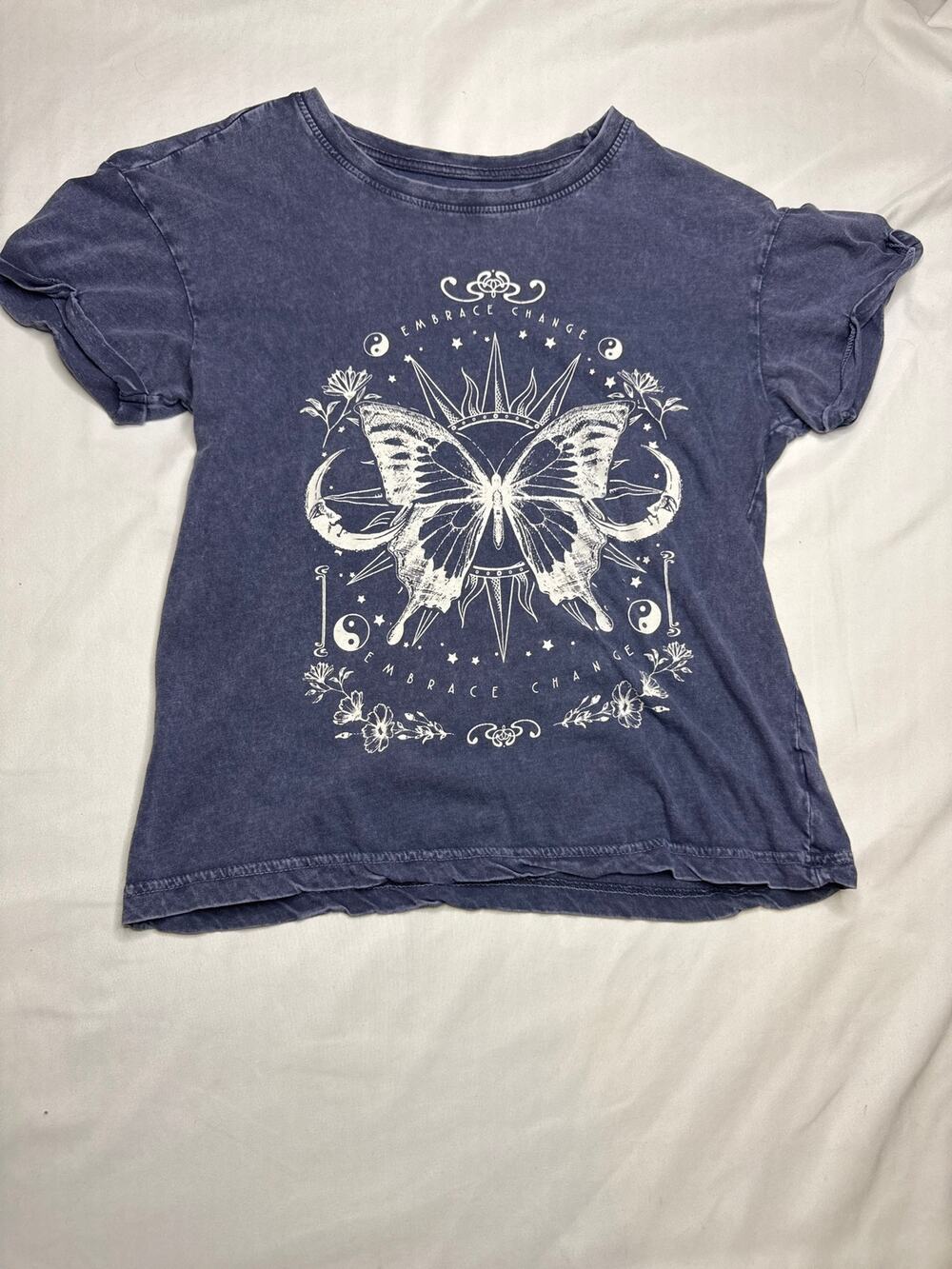 Rebellious One Women’s XS Butterfly Graphic Tee Blue Celestial Embrace Change